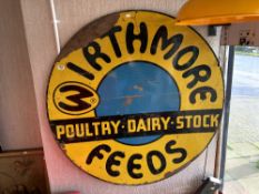 A VINTAGE CIRCULAR METAL ENAMEL SIGN ADVERTISING WIRTHMORE FEEDS, POULTRY. DAIRY. ST0CK. 122 CMS