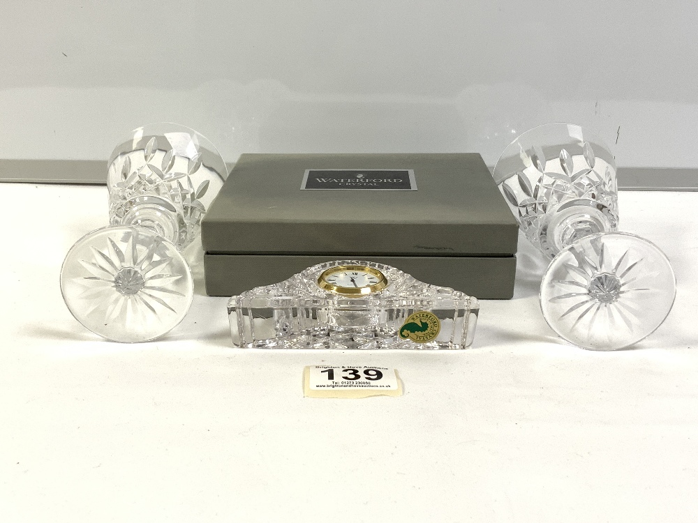 A WATERFORD CRYSTAL GLASS MINIATURE CLOCK IN A BOX AND TWO TYRONE CRYSTAL GLASS WINE GLASSES - Image 4 of 8