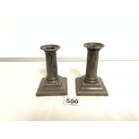 HALLMARKED SILVER SQUAT COLUMN SHAPED CANDLESTICKS A/F BY HAWSWORTH EYRE AND CO 12 CM