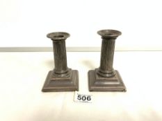HALLMARKED SILVER SQUAT COLUMN SHAPED CANDLESTICKS A/F BY HAWSWORTH EYRE AND CO 12 CM