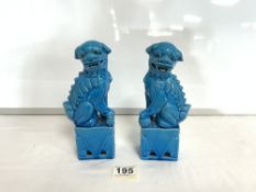 PAIR OF CHINESE TURQUOISE GLAZED FOO DOGS 20CMS