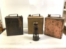 VINTAGE ESSO SPIRIT PETROLEUM CAN, TWO OTHERS AND A VINTAGE - THOMAS WILLIAMS - CUMBRIAN LAMP MAKER