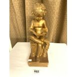 E DOMENICI DATED 1908 POTTERY GILDED FIGURE OF A CHILD READING A BOOK 37CM