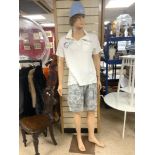 LIFE SIZE MANNEQUIN WITH HAIR AND CLOTHES ON STAND