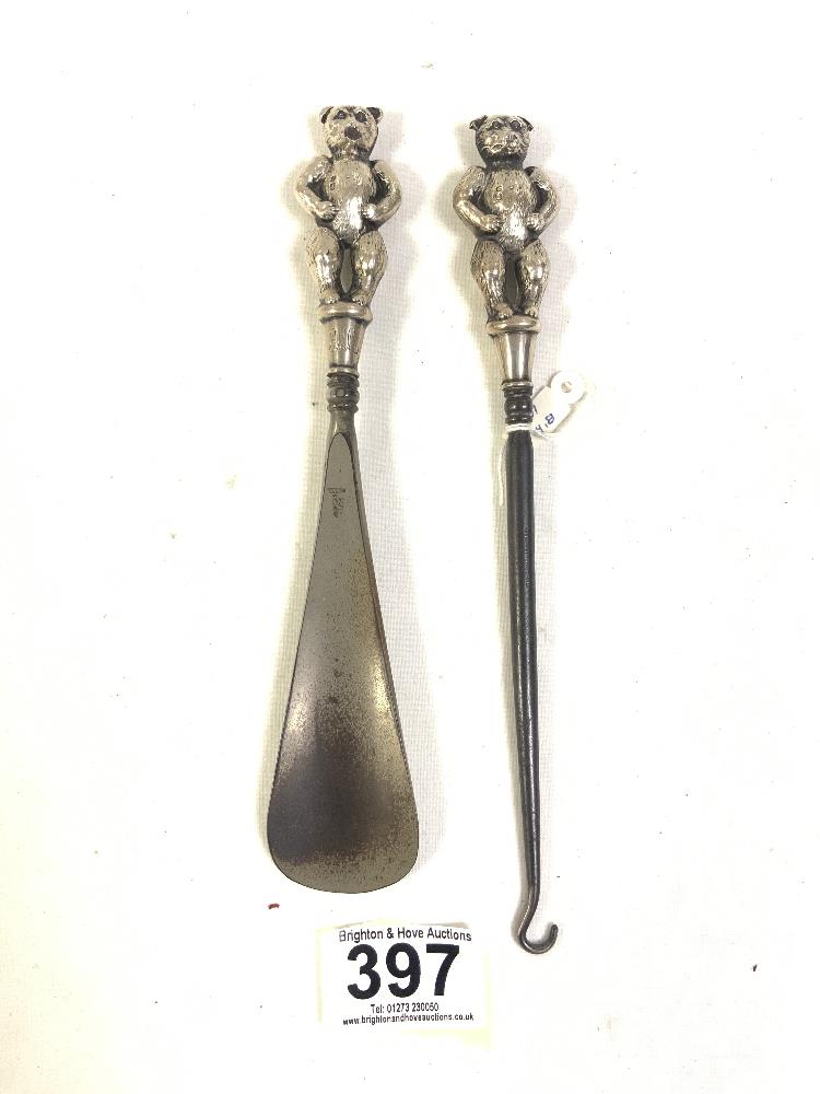 HALLMARKED SILVER MATCHING BEAR HANDLE BUTTON HOOK & SHOE HORN - BIRMINGHAM 1909 - MAKERS