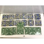 EIGHT GREEN GLAZED DECORATIVE TILES AND TWELVE FIANCE-STYLE GLAZED TILES