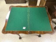 A 1930S BURR WALNUT SHAPED TOP CARD TABLE ON BALL AND CLAW CABRIOLE LEGS, 68X44X74 CMS,