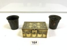 ART NOUVEAU EMBOSSED BRASS RECTANGULAR CIGARETTE BOX,15CM WITH A PAIR OF ART NOUVEAU SPELTER