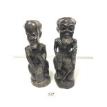 TWO HARDWOOD CARVED FIGURES DEPICTING KNEELING, 35CMS