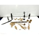 A COLLECTION OF CARVED WOODEN ITEMS TO INCLUDE BIRDS, A KNIFE AND A FEMALE AND MALE FIGURE