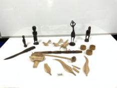 A COLLECTION OF CARVED WOODEN ITEMS TO INCLUDE BIRDS, A KNIFE AND A FEMALE AND MALE FIGURE