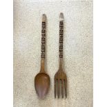 LARGE WOODEN FORK AND SPOON, CARVED HANDLES, 107CMS