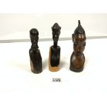 THREE CARVED WOODEN FIGURES LARGEST 19CM