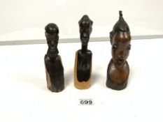 THREE CARVED WOODEN FIGURES LARGEST 19CM
