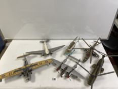 THREE MODEL AIRCRAFT WITH THREE MODEL HELICOPTERS, 1954, LARGEST WINGSPAN 42CMS