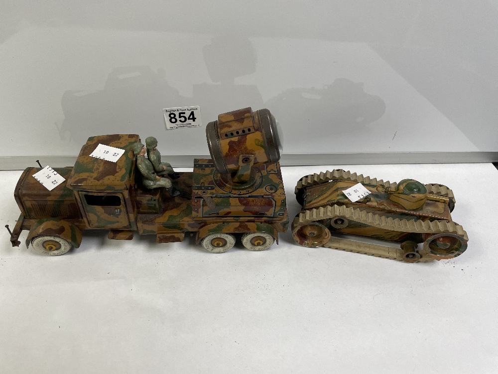 TWO VINTAGE TIN-PLATE TOYS BY MARKLIN OF GERMAN TANK AND TRUCK