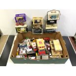 MIXED BOX OF DIE-CAST VEHICLES IN ORIGINAL BOXES, CORGI, LLEDO, AND MORE WITH PLAY WORN TONKA AND