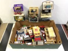 MIXED BOX OF DIE-CAST VEHICLES IN ORIGINAL BOXES, CORGI, LLEDO, AND MORE WITH PLAY WORN TONKA AND