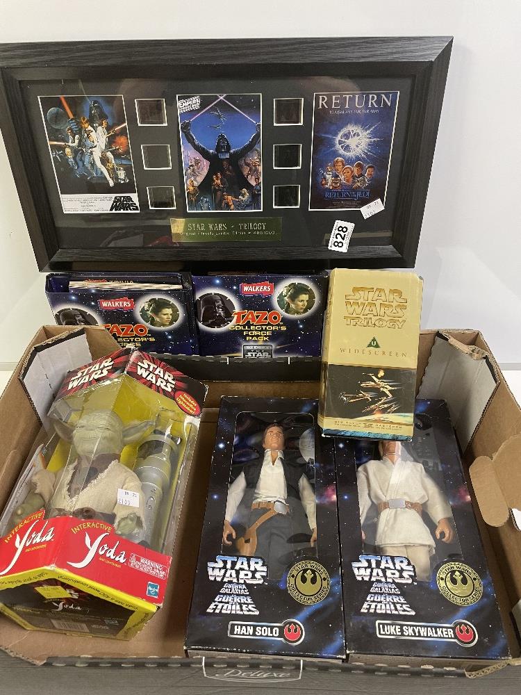 STAR WARS, TWO COLLECTORS PACKS, FRAMED TRILOGY FILM (486/100), VIDEOS AND FIGURES