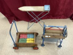 THREE VINTAGE TRIANG PIECES, CHILDS MANGLE, IRONING BOARD, AND BABY WALKER WITH BLOCKS