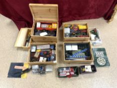 FOUR WOODEN BOXED FULL OF VINTAGE MECCANO PIECES