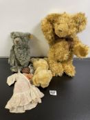 TWO SMALL STEIFF TEDDIES, 27CMS, WITH A METRO SOFT TEDDY AND AN ANTIQUE ARMAND MARSEILLE BLACK DOLL,