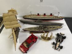FIVE MODEL SHIPS, QUEEN MARY, BISMARK, HMS VICTORY, ALSO MERCEDES, LAMBORGHINI MODELS, THE LARGEST