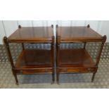 A pair of mahogany rectangular side tables, the single drawers with brass swing handles on turned