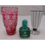 Two polychromatic glass vases and Mdina scent bottle with drop stopper