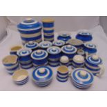 T.G. Green blue and white Cornishware kitchen containers to include jars with covers, a teapot,