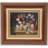 Sanz framed oil on canvas still life of flowers, signed bottom left, 46 x 55cm