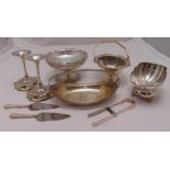 A quantity of silver plate to include fruit stands, cake servers and a pair of asparagus tongs