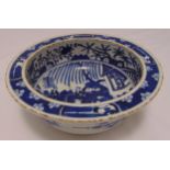 A Chinese blue and white bowl decorated with figures and flowers, 27cm (d)