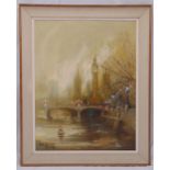 Ben Maile framed and glazed oil on canvas of The Thames and Big Ben, signed bottom right, 91 x 71cm