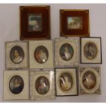 Eight miniature portraits of noble ladies in bone mounted frames and two miniature classical