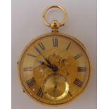 A Victorian 18ct gold open face pocket watch with florally engraved dial with Roman numerals and