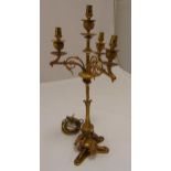 Gilded metal four light candelabrum table lamp on trefoil base, 57cm (h)