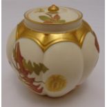 Royal Worcester melon rose jar and cover decorated with flowers and leaves, marks to the base,