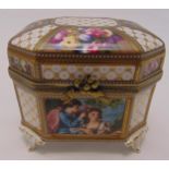 A continental octagonal dressing table porcelain jewellery casket, the hinged cover and sides