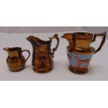 Three carnival style Victorian jugs of various form and size, tallest 16cm (h)