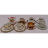 Eight continental cabinet cups and saucers of various form and colour