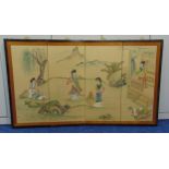 An oriental four panel screen depicting Geishas in a landscape, 93 x 154cm