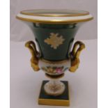 Sevres style campagna vase decorated with flowers, leaves and gilded mask mounted side handles on