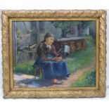 Erich Krause framed oil on canvas of lady seated outside a cottage, signed bottom right, 49 x 61cm