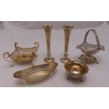 A quantity of hallmarked silver to include a pair of vases and four bonbon dishes (6)