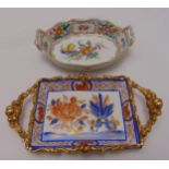 A Dresden hand painted dish with two side handles and a Limoges Imari pattern rectangular dish