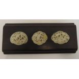 A Chinese hardwood rectangular stand inset with carved and pierced jade plaques, 26 x 11.5cm