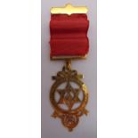 9ct gold Masonic jewel with red ribbon, approx total weight 20.0g