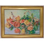 V. Godfrey framed oil on panel still life of roses in a basket, signed bottom right, 38 x 54.5cm