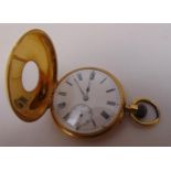 14ct gold half hunter ladies pocket watch, white enamel dial with Roman numerals and subsidiary